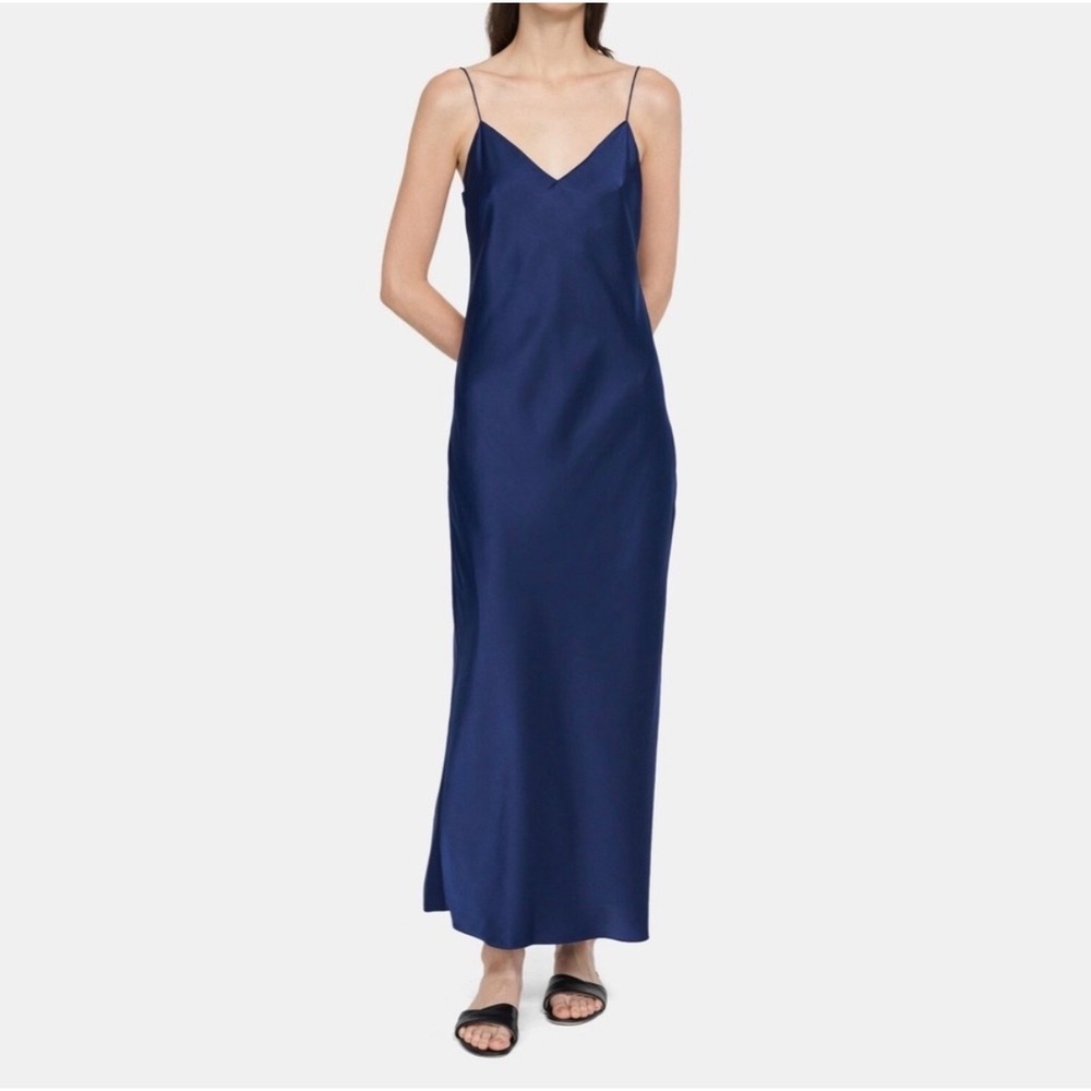 Theory Slip Dress Sapphire Blue Satin Easy V-Neck Spaghetti Strap Midi